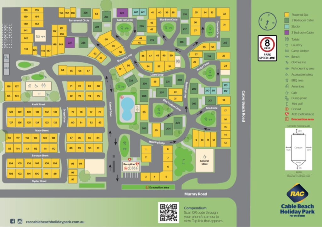 Park map graphic of RAC Cable Beach Holiday Park