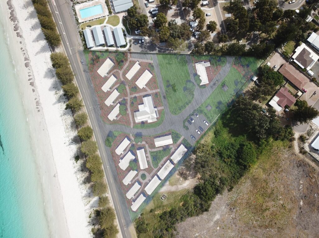 Render of accommodation expansion at RAC Esperance Holiday Park overlaid with aerial image from existing property.