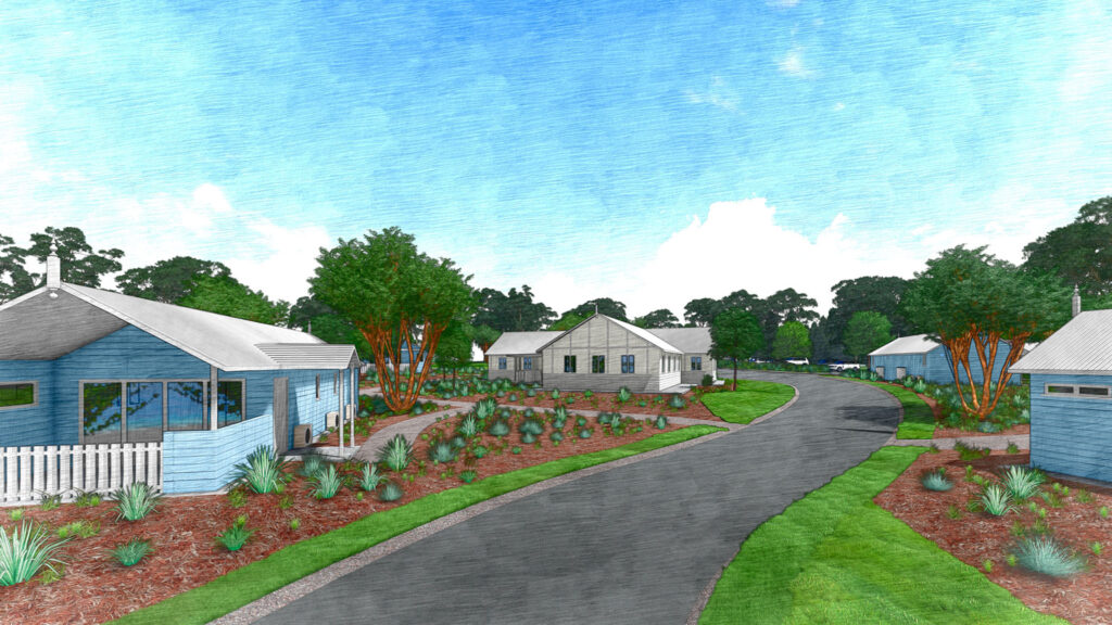 Render of accommodation expansion at RAC Esperance Holiday Park, looking toward new villas and studios from a shared path.