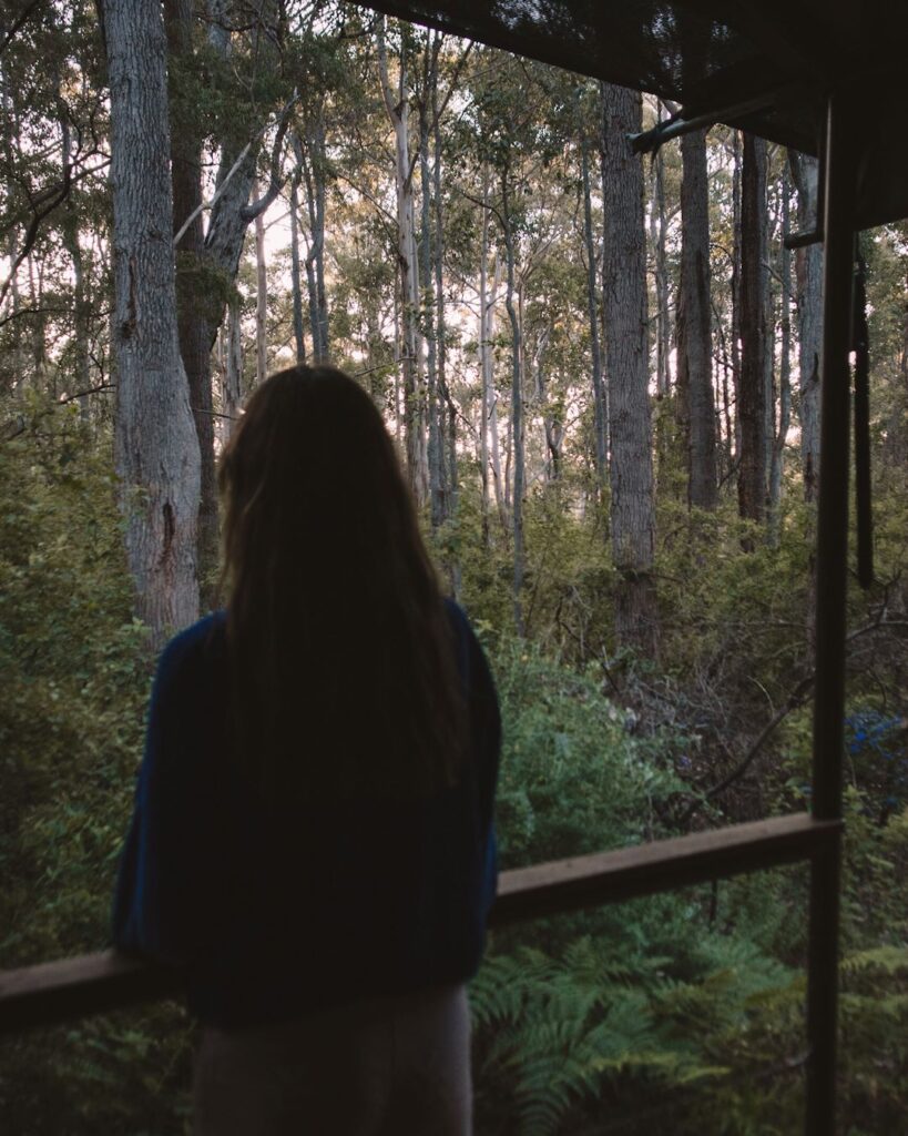 Person standing on deck of Modern Safari Tent, looking out to the forest.
