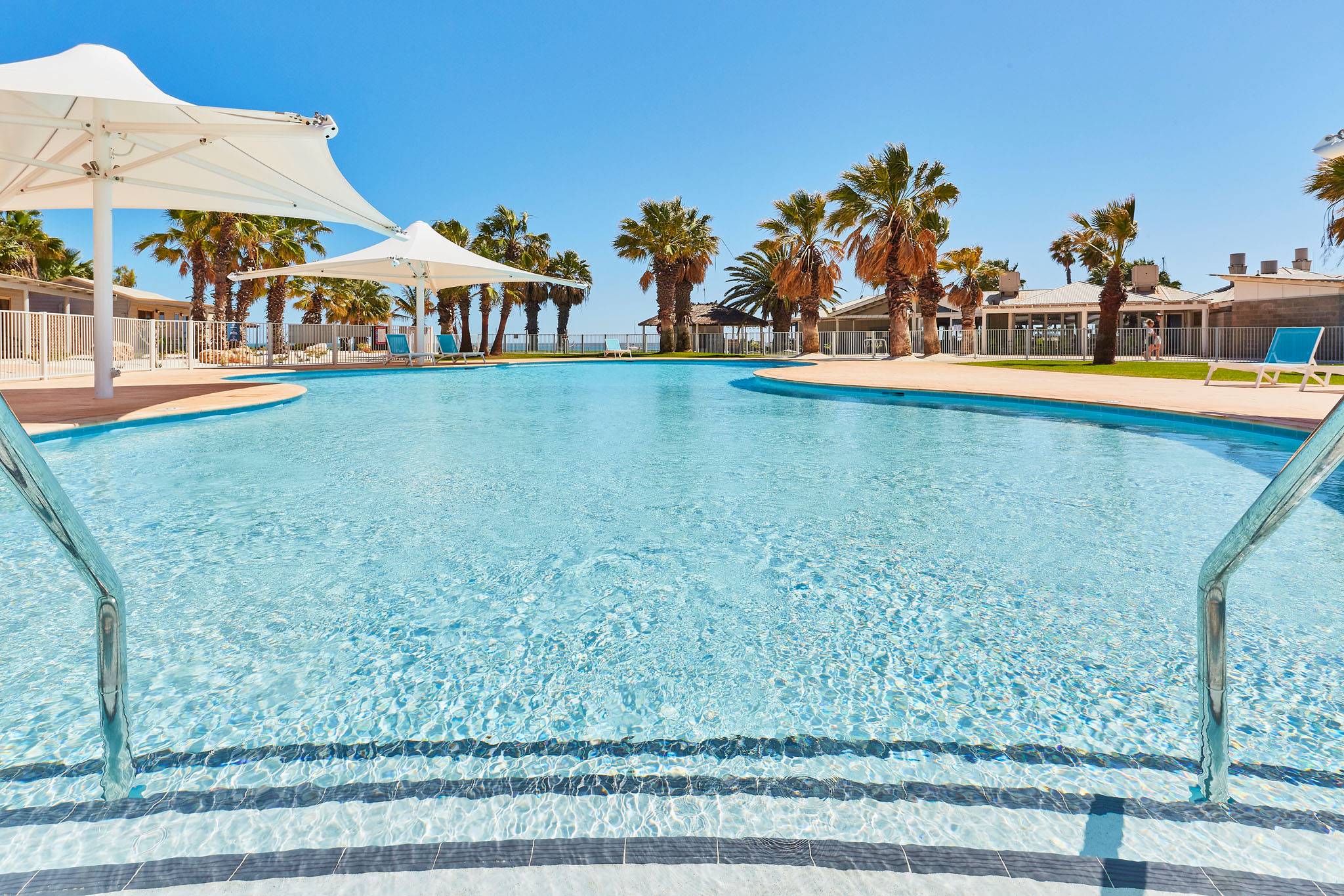 Image of the main Monkey Mia pool, highlighting its clear blue water shining in the sun, surrounded by shades and palm trees.
