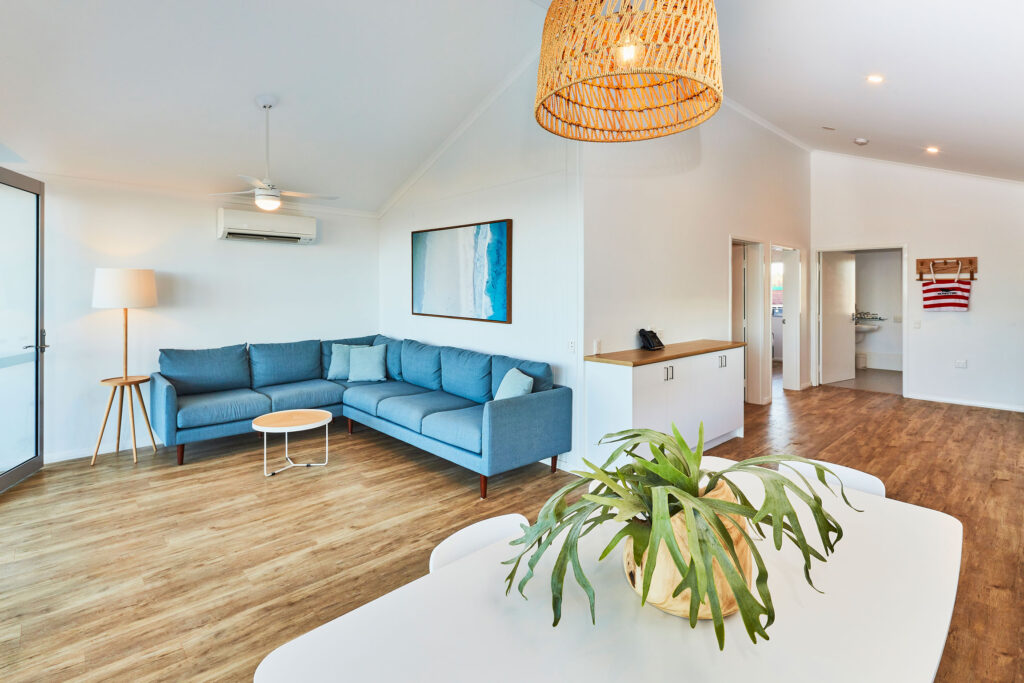 Internal living space in the accessible beachfront villa at RAC Monkey Mia Dolphin Resort.